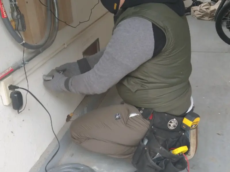 Electrician performing outlet wiring in a East Rockhill garage